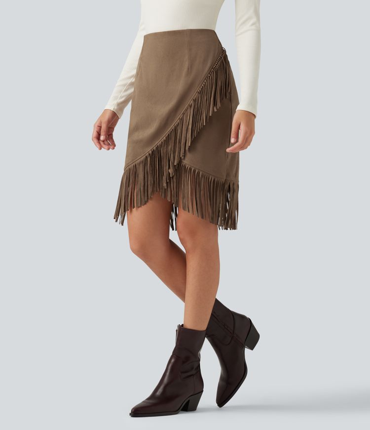 High Waisted 2-in-1 Fringe Hem Midi Suede Party Skirt