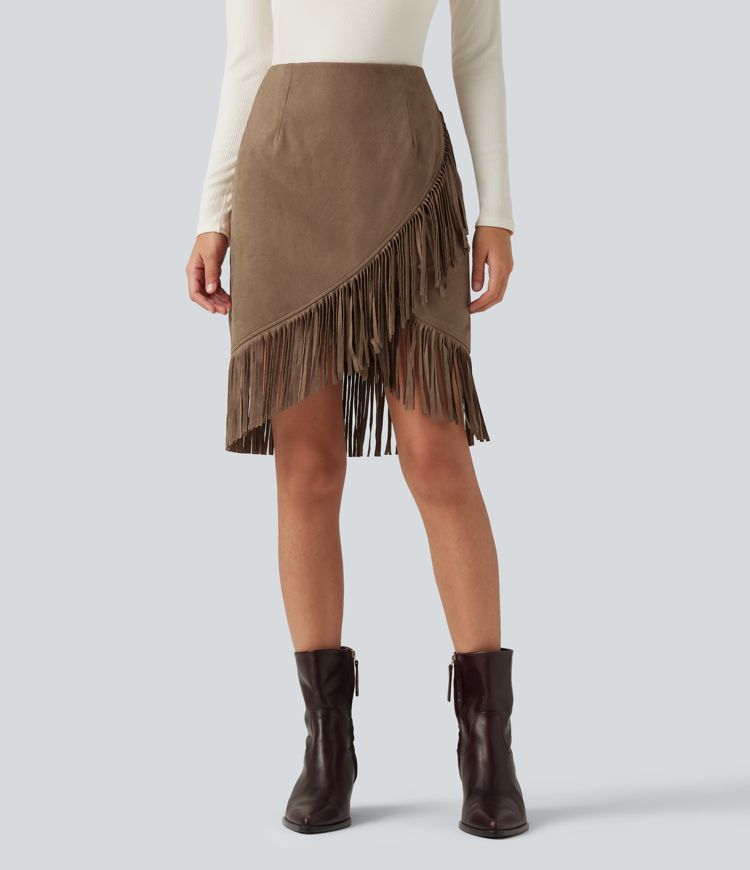 High Waisted 2-in-1 Fringe Hem Midi Suede Party Skirt