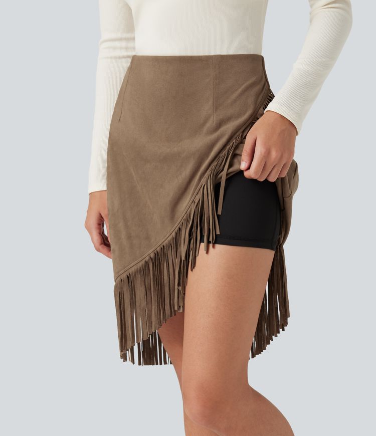 High Waisted 2-in-1 Fringe Hem Midi Suede Party Skirt