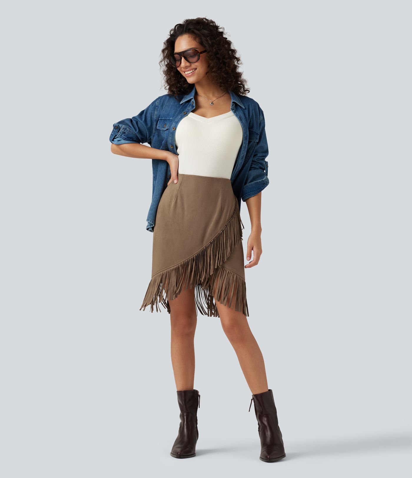 High Waisted 2-in-1 Fringe Hem Midi Suede Party Skirt