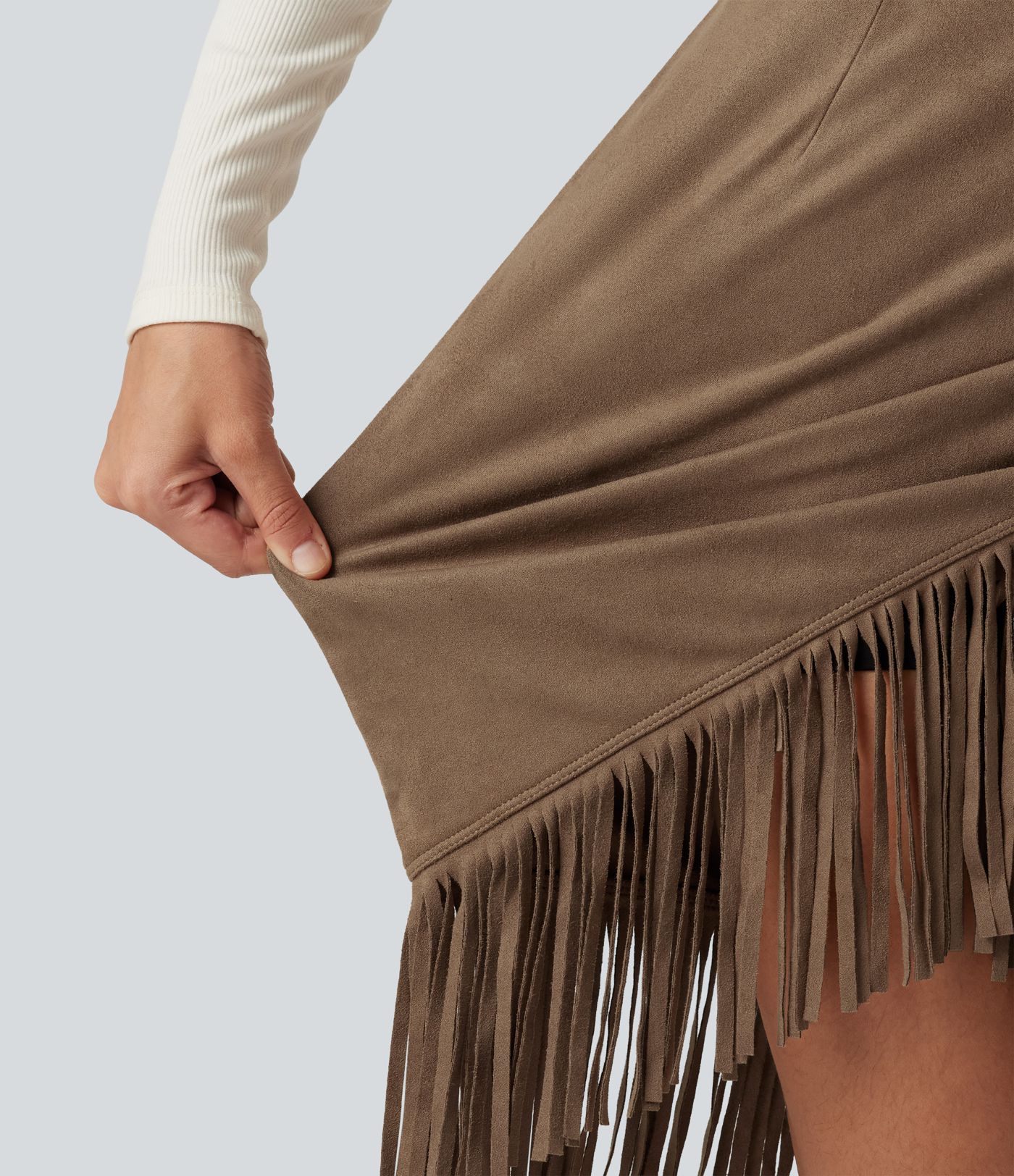 High Waisted 2-in-1 Fringe Hem Midi Suede Party Skirt