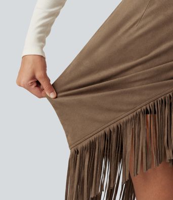 High Waisted 2-in-1 Fringe Hem Midi Suede Party Skirt