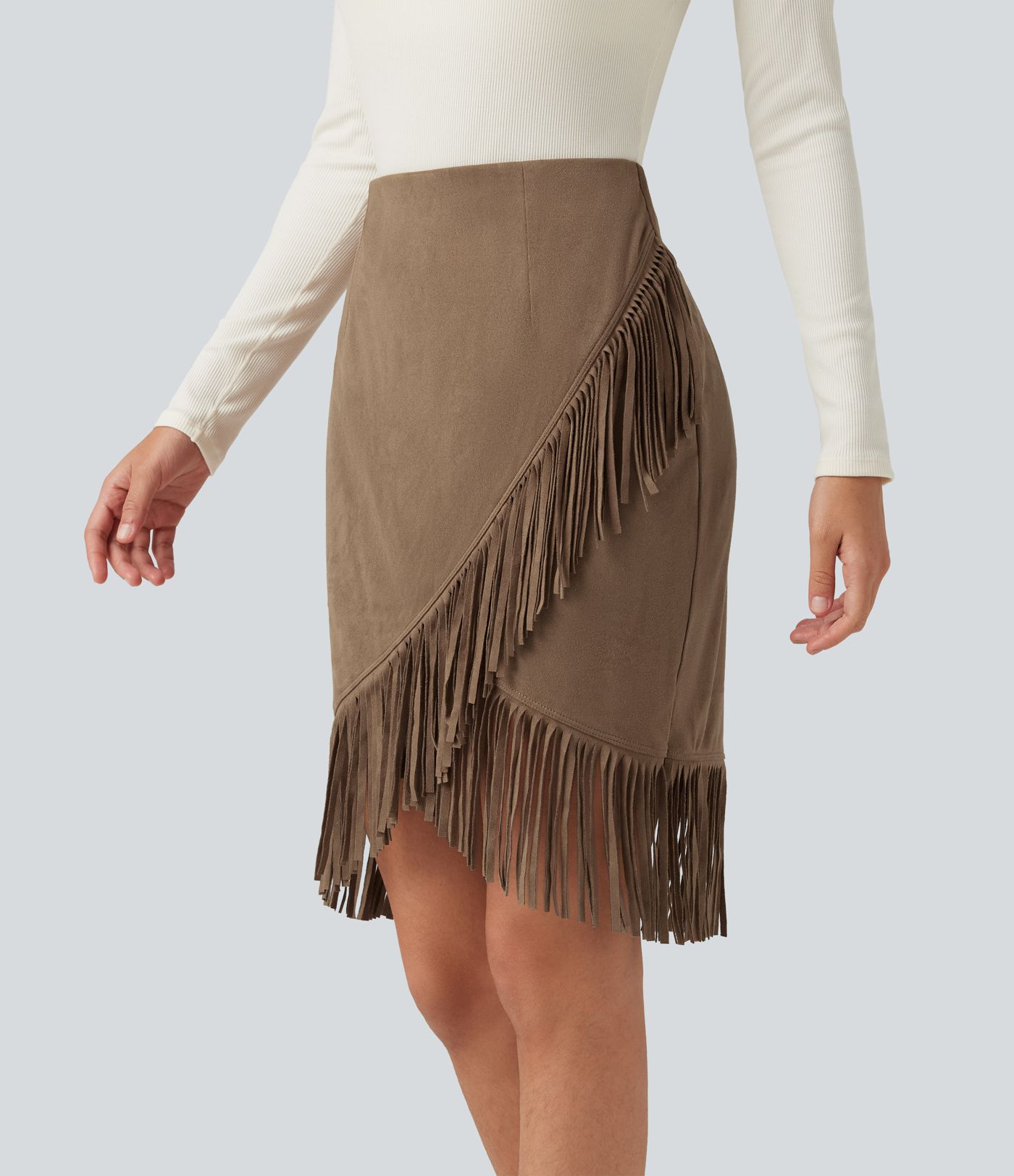 High Waisted 2-in-1 Fringe Hem Midi Suede Party Skirt