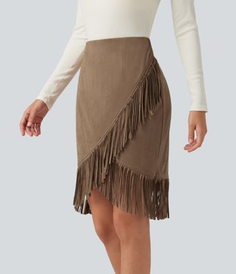 High Waisted 2-in-1 Fringe Hem Midi Suede Party Skirt