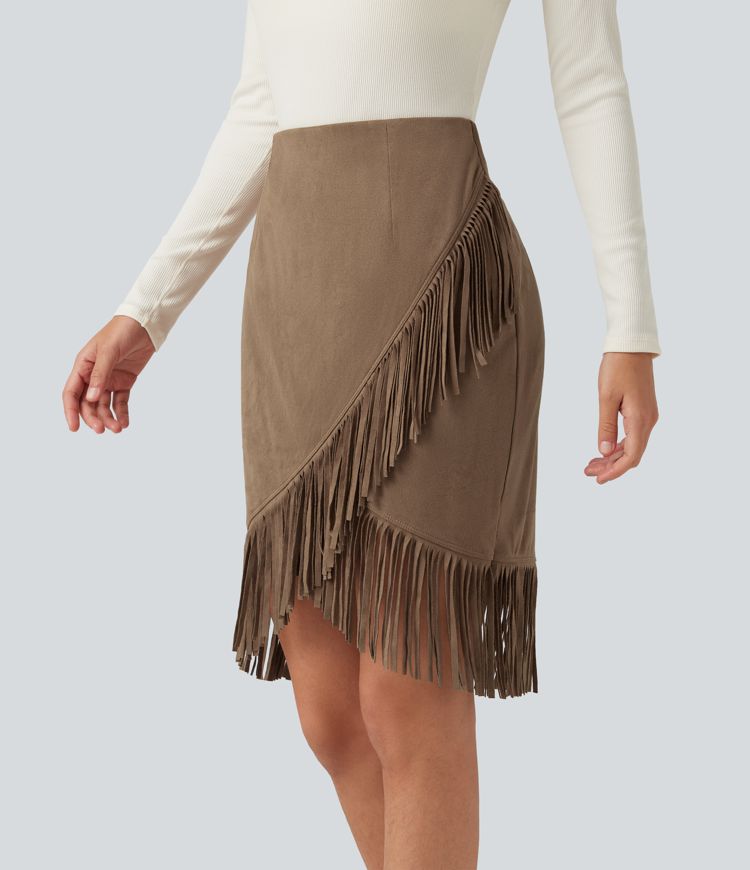 High Waisted 2-in-1 Fringe Hem Midi Suede Party Skirt
