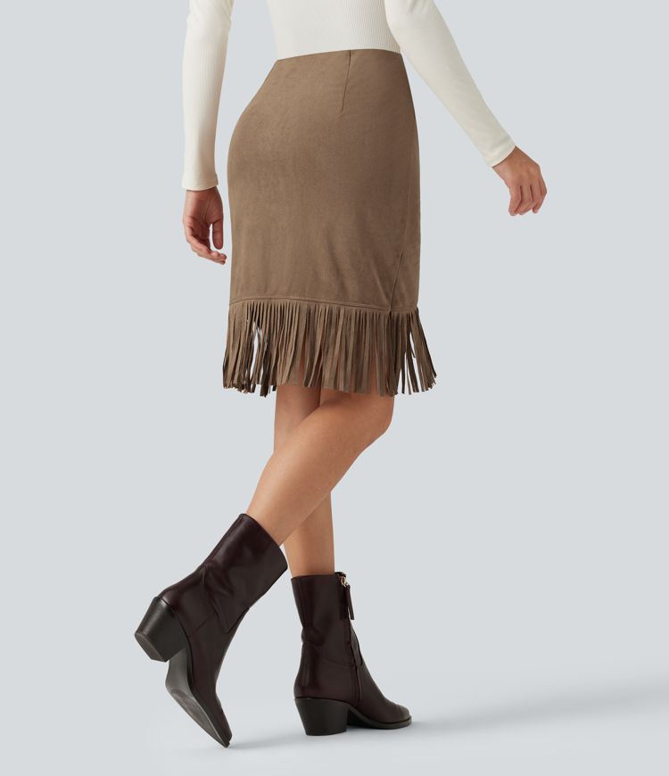 High Waisted 2-in-1 Fringe Hem Midi Suede Party Skirt
