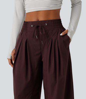 Mid Rise Barrel Leg Shirred Drawstring Curved Hem Yoga Pants with Pockets