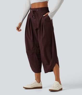 Mid Rise Barrel Leg Shirred Drawstring Curved Hem Yoga Pants with Pockets