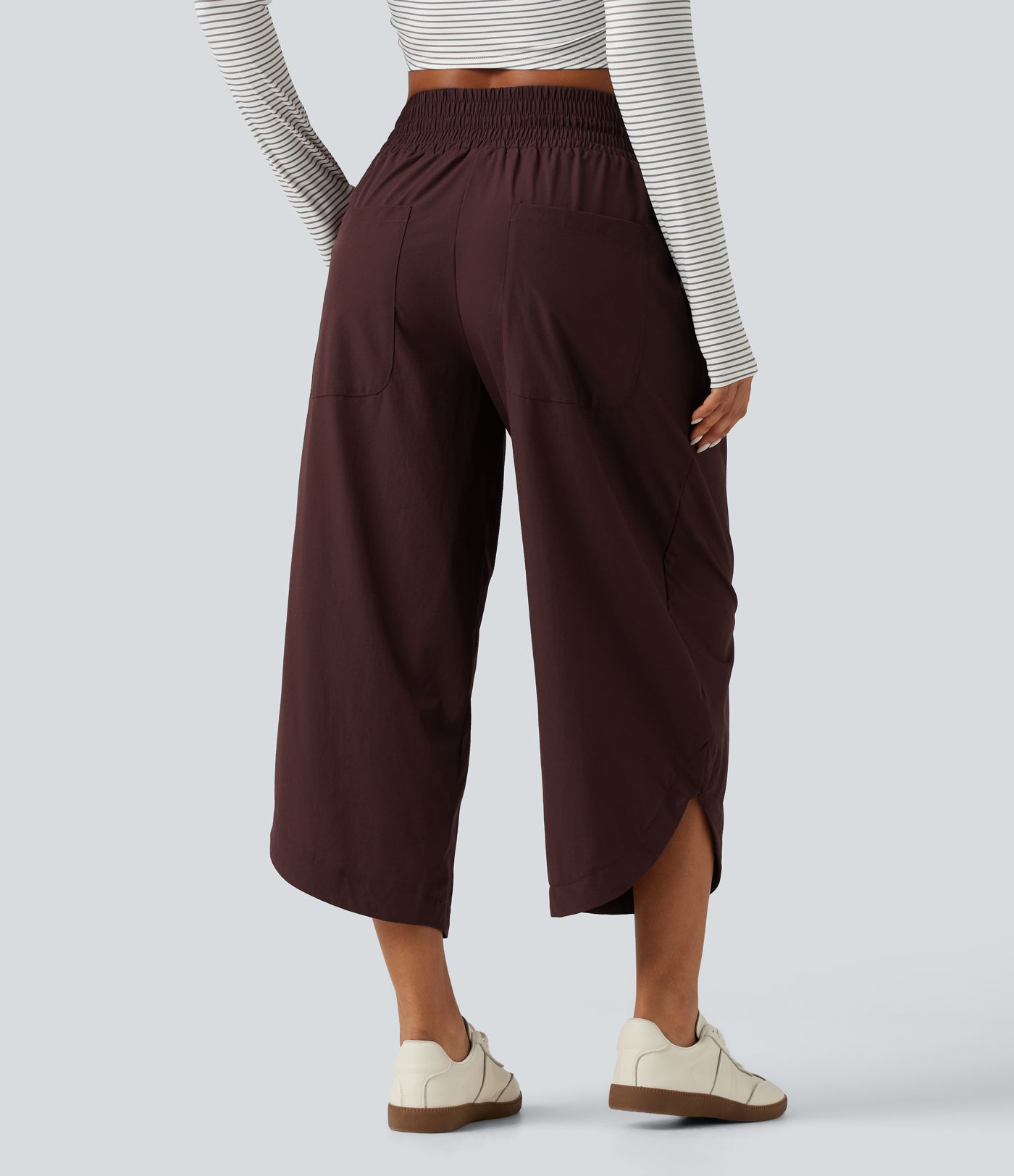 Mid Rise Barrel Leg Shirred Drawstring Curved Hem Yoga Pants with Pockets