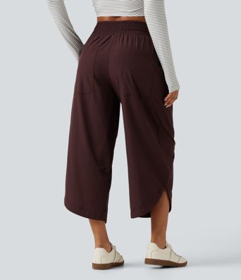 Mid Rise Barrel Leg Shirred Drawstring Curved Hem Yoga Pants with Pockets