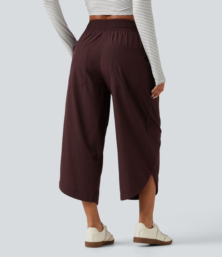 Mid Rise Barrel Leg Shirred Drawstring Curved Hem Yoga Pants with Pockets
