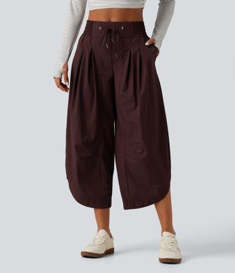 Mid Rise Barrel Leg Shirred Drawstring Curved Hem Yoga Pants with Pockets