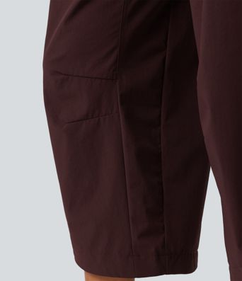 Mid Rise Barrel Leg Shirred Drawstring Curved Hem Yoga Pants with Pockets