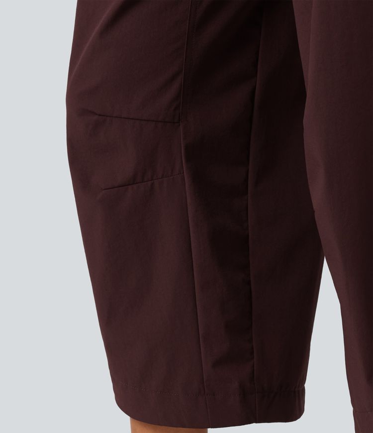 Mid Rise Barrel Leg Shirred Drawstring Curved Hem Yoga Pants with Pockets