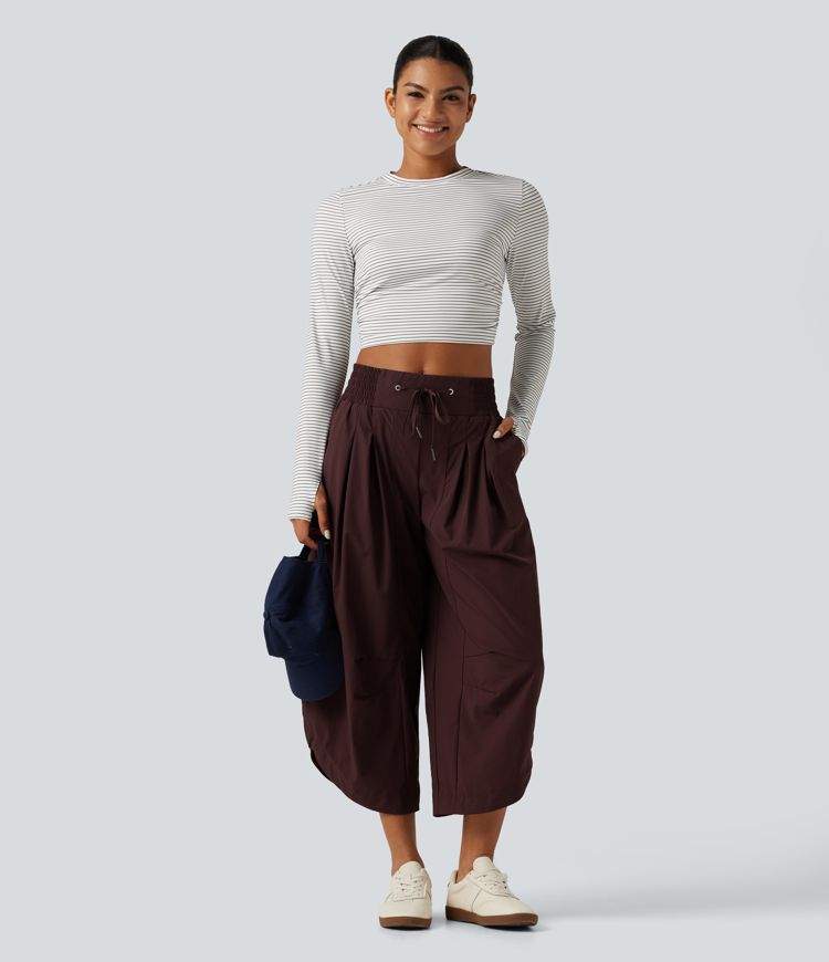 Mid Rise Barrel Leg Shirred Drawstring Curved Hem Yoga Pants with Pockets