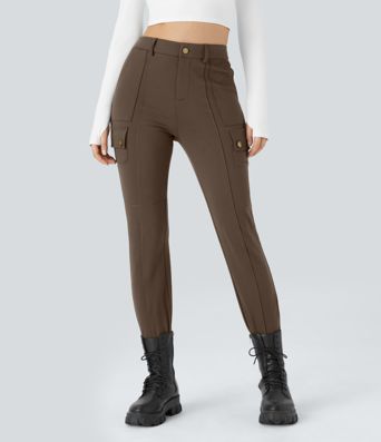 DayStretch pantalones cargo ajustados de cintura alta con bolsillos con cremallera, lisos DayStretch pantalones cargo ajustados de cintura alta con bolsillos con cremallera, lisos