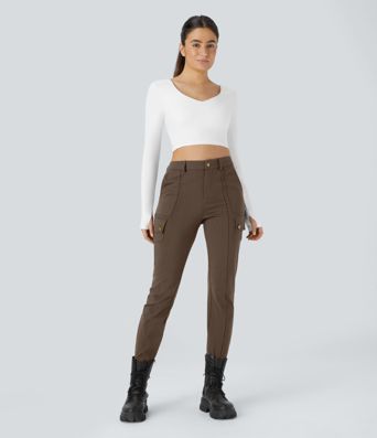 DayStretch pantalones cargo ajustados de cintura alta con bolsillos con cremallera, lisos DayStretch pantalones cargo ajustados de cintura alta con bolsillos con cremallera, lisos