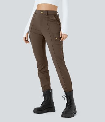 DayStretch pantalones cargo ajustados de cintura alta con bolsillos con cremallera, lisos DayStretch pantalones cargo ajustados de cintura alta con bolsillos con cremallera, lisos