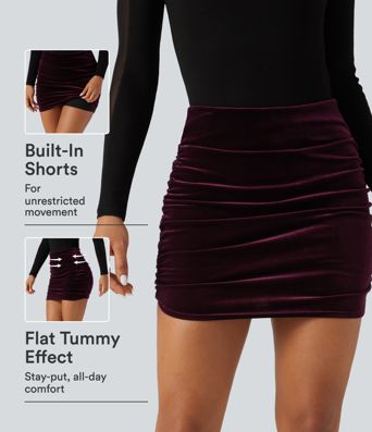 High Waisted 2-in-1 Velvet Ruched Tummy Control Bodycon Mini Party Skirt