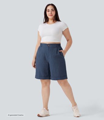 Plus Size High Waisted Rolled Hem Linen-Feel Resort Bermuda Shorts 10'' with Pockets