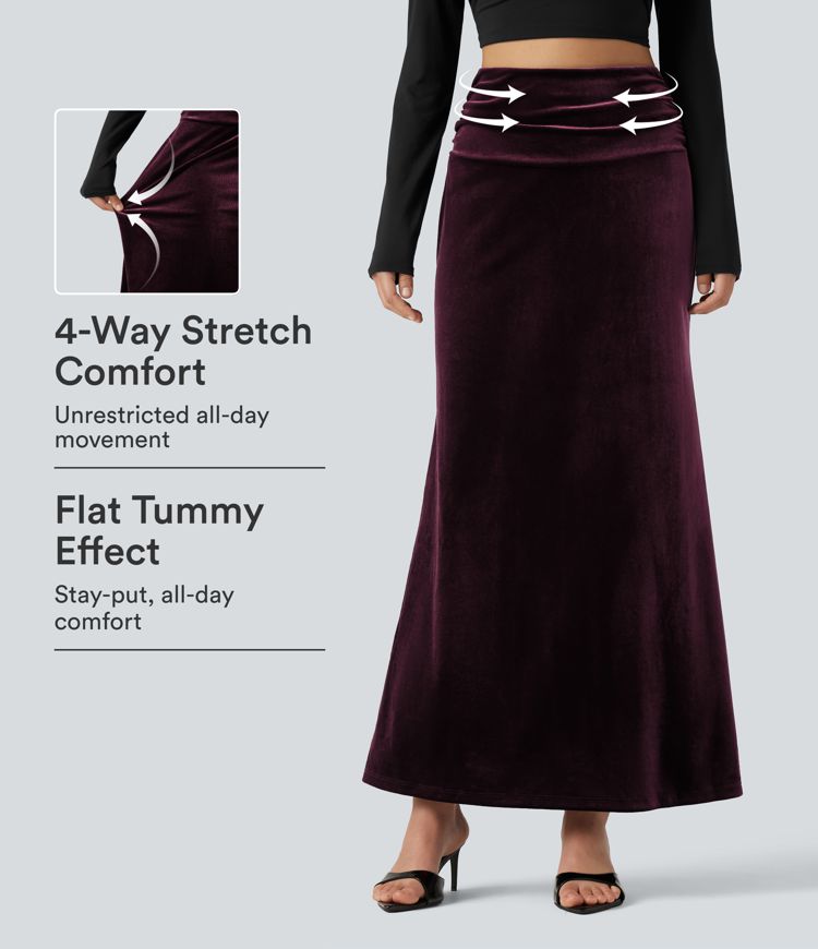 High Waisted Tummy Control Ruched Velvet Maxi Mermaid Skirt