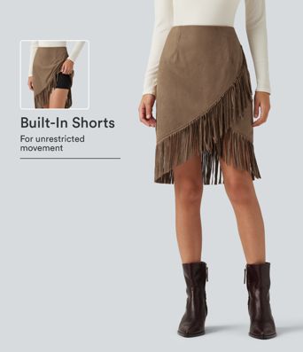High Waisted 2-in-1 Fringe Hem Midi Suede Party Skirt