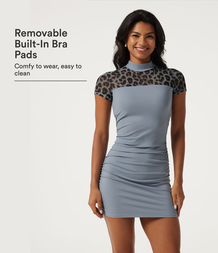 Softlyzero™ Airy Mock Neck Short Sleeve Ruched Built-in Bra Leopard InstantCool Mini Casual Dress Softlyzero™ Airy Mock Neck Short Sleeve Ruched Built-in Bra Leopard InstantCool Mini Casual Dress