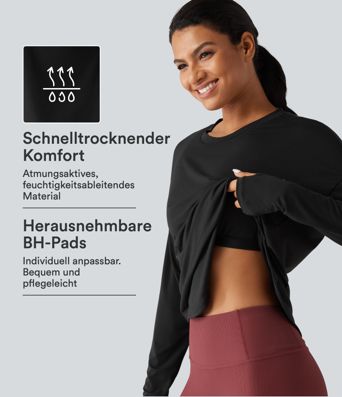 Yoga-Sport-Top mit Rundhalsausschnitt, langen Ärmeln, Daumenlöchern und integriertem BH - schnelltrocknend Yoga-Sport-Top mit Rundhalsausschnitt, langen Ärmeln, Daumenlöchern und integriertem BH - schnelltrocknend