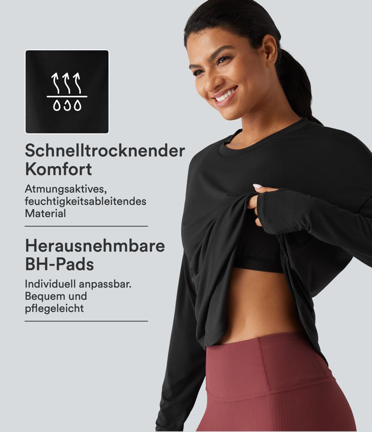 Yoga-Sport-Top mit Rundhalsausschnitt, langen Ärmeln, Daumenlöchern und integriertem BH - schnelltrocknend Yoga-Sport-Top mit Rundhalsausschnitt, langen Ärmeln, Daumenlöchern und integriertem BH - schnelltrocknend