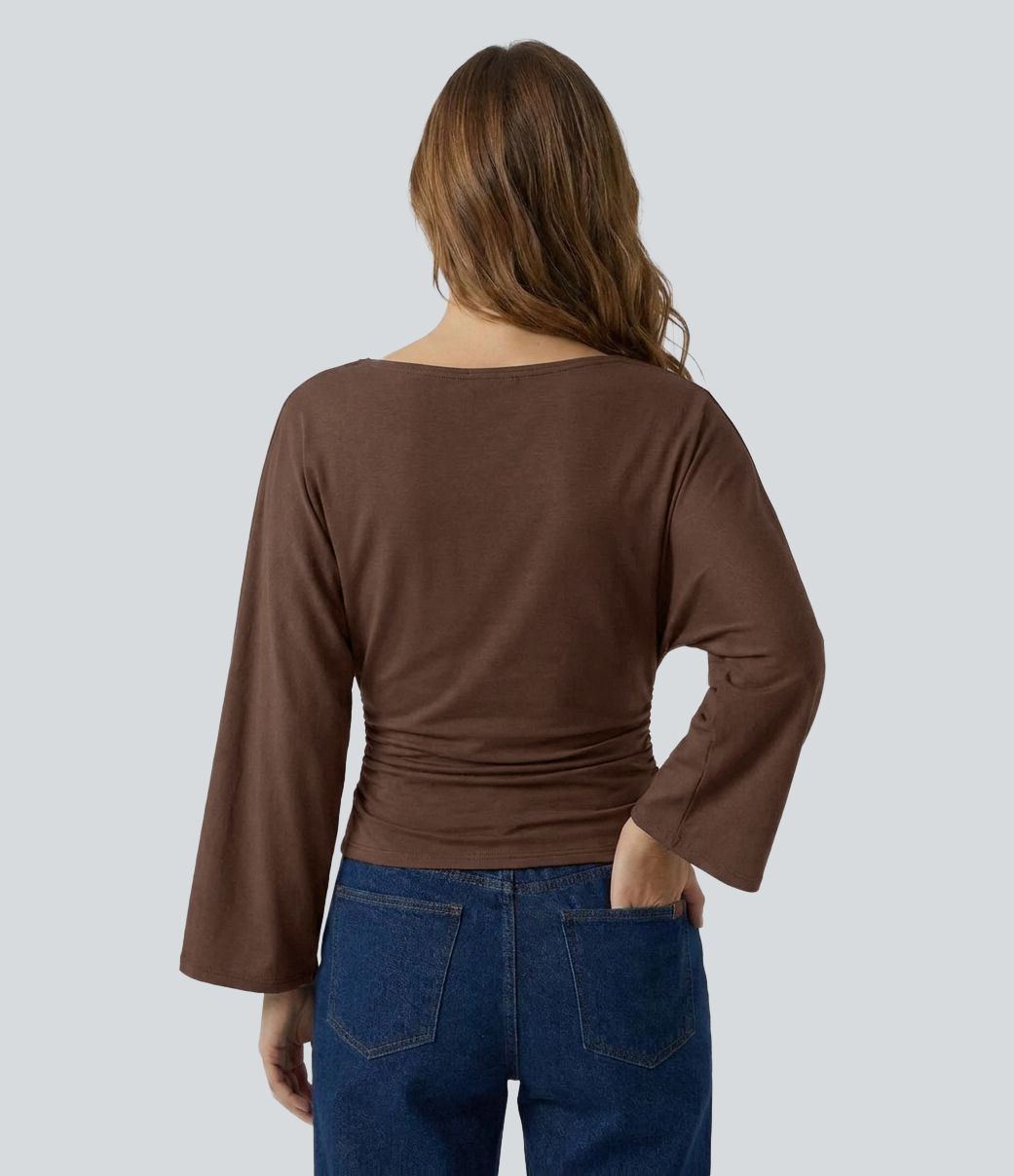 Boat Neck Flounce Long Sleeve Ruched Curved Hem Casual Top