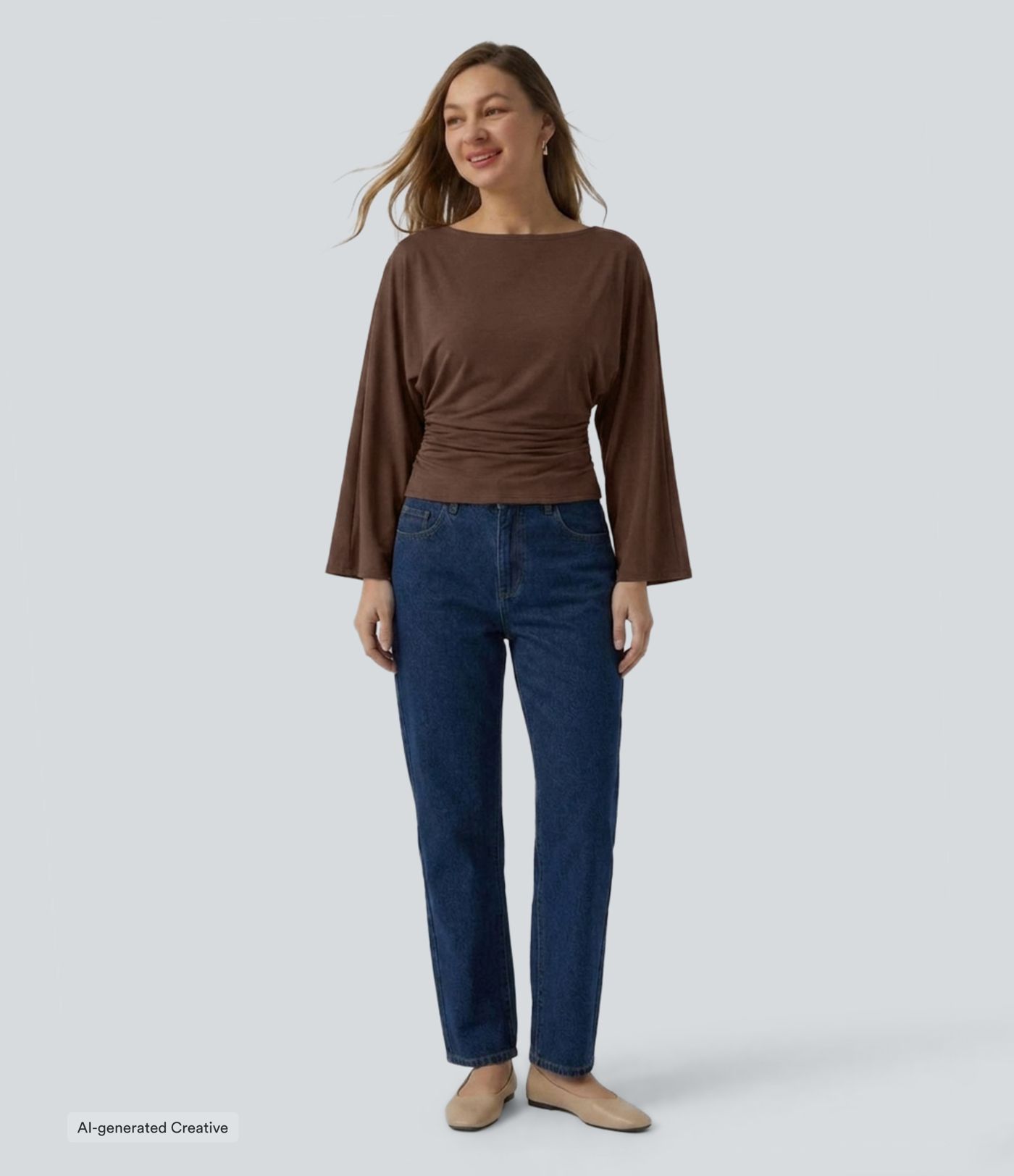 Boat Neck Flounce Long Sleeve Ruched Curved Hem Casual Top