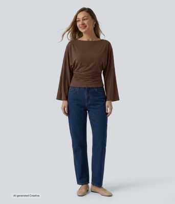 Boat Neck Flounce Long Sleeve Ruched Curved Hem Casual Top