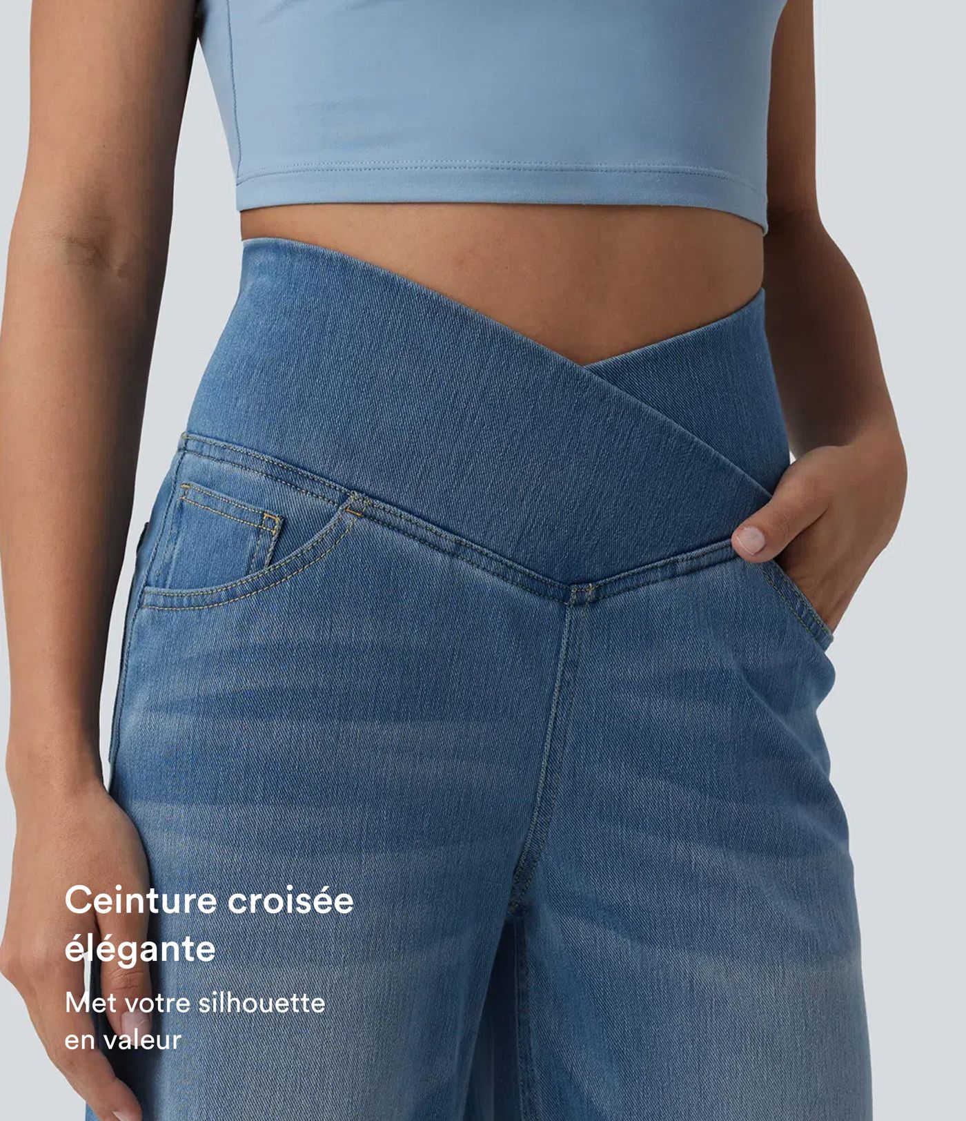 Halara Flex™ Jean large casual taille haute croisée ventre plat, avec poches Halara Flex™ Jean large casual taille haute croisée ventre plat, avec poches
