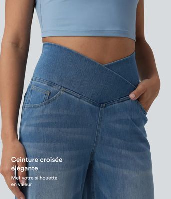 Halara Flex™ Jean large casual taille haute croisée ventre plat, avec poches Halara Flex™ Jean large casual taille haute croisée ventre plat, avec poches