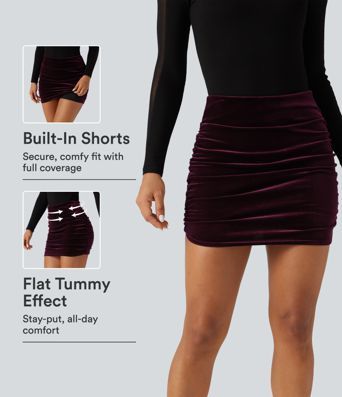 Jupe mini de soirée moulante (bodycon) en velours, taille haute 2-en-1, froncée et gainante au niveau du ventre