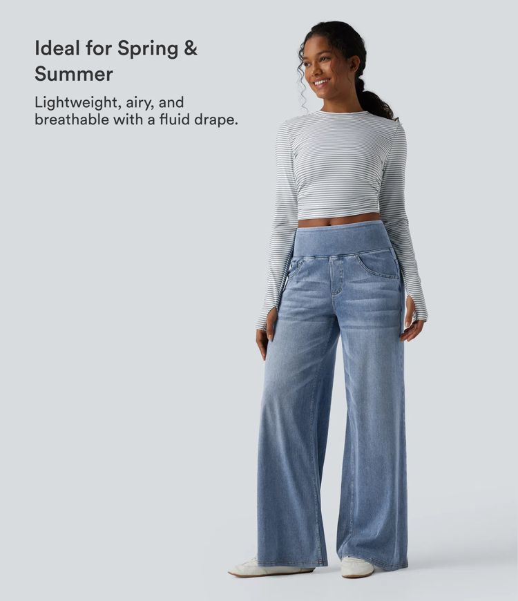 Halara Flex™ Mid Rise Draped Lyocell Washed Casual Baggy Wide Leg Jeans with Pockets Halara Flex™ Mid Rise Draped Lyocell Washed Casual Baggy Wide Leg Jeans with Pockets