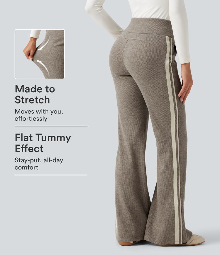 Gerippte, hochgeschnittene, bauchformende Freizeithose mit Kordelzug, seitlichem Streifen, ausgestelltem Bein und Taschen Gerippte, hochgeschnittene, bauchformende Freizeithose mit Kordelzug, seitlichem Streifen, ausgestelltem Bein und Taschen