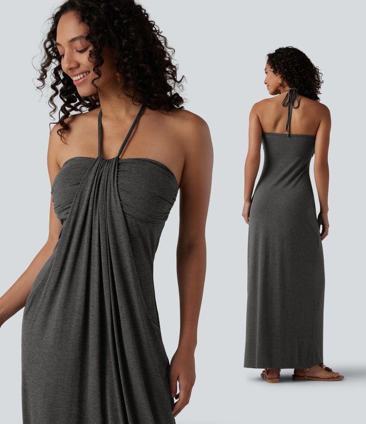 Halter Tie Back Built-in Bra Maxi Dress with Pockets Halter Tie Back Built-in Bra Maxi Dress with Pockets
