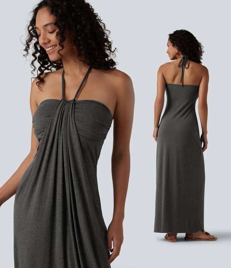 Halter Tie Back Built-in Bra Maxi Dress with Pockets