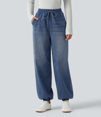 Halara Flex™ High Waisted Drawstring Denim Casual Joggers with Pockets Halara Flex™ High Waisted Drawstring Denim Casual Joggers with Pockets