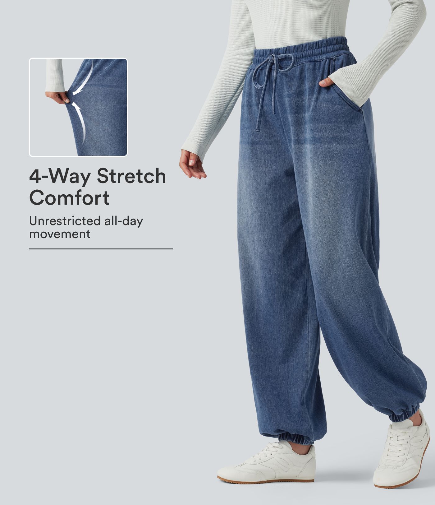Halara Flex™ High Waisted Drawstring Denim Casual Joggers with Pockets Halara Flex™ High Waisted Drawstring Denim Casual Joggers with Pockets