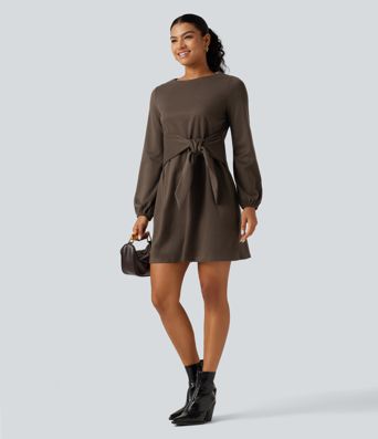 Round Neck Long Sleeve Tie Side Mini Work Dress Round Neck Long Sleeve Tie Side Mini Work Dress