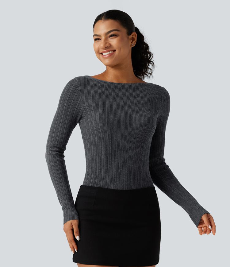 Boat Neck Long Sleeve Casual Sweater