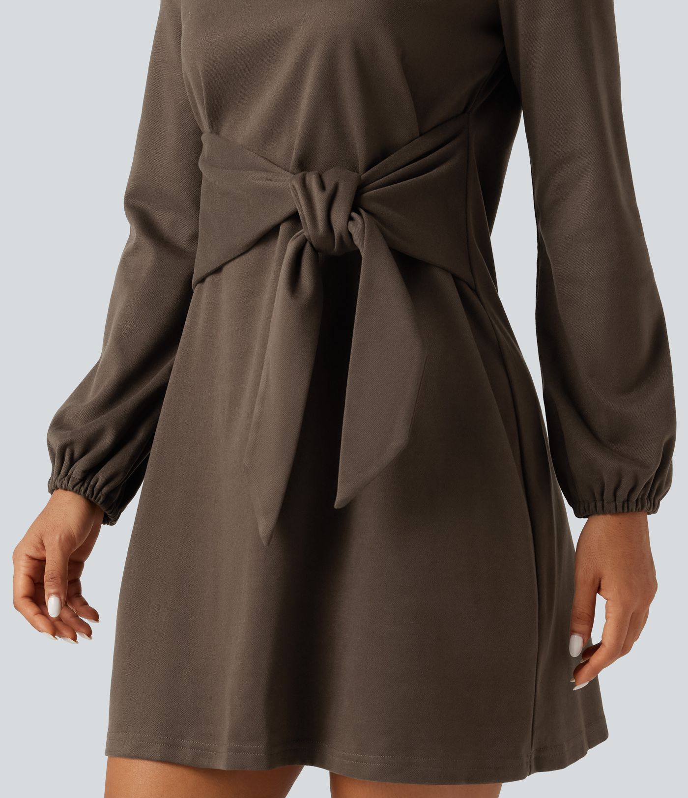 Round Neck Long Sleeve Tie Side Mini Work Dress Round Neck Long Sleeve Tie Side Mini Work Dress