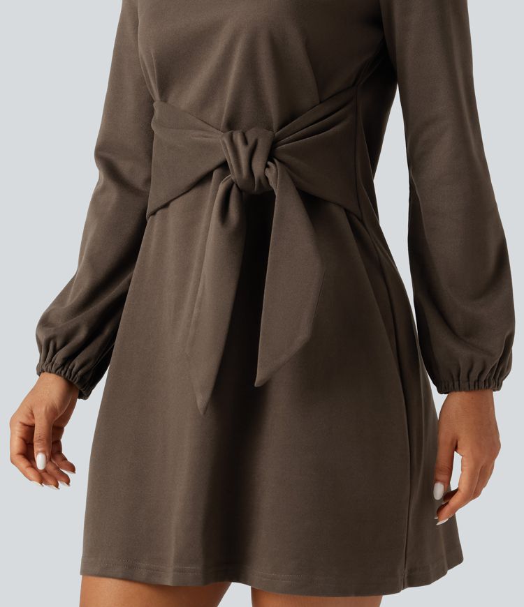 Round Neck Long Sleeve Tie Side Mini Work Dress Round Neck Long Sleeve Tie Side Mini Work Dress