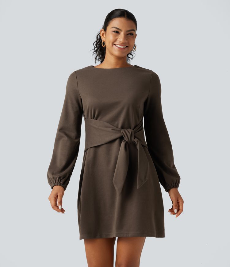 Round Neck Long Sleeve Tie Side Mini Work Dress Round Neck Long Sleeve Tie Side Mini Work Dress