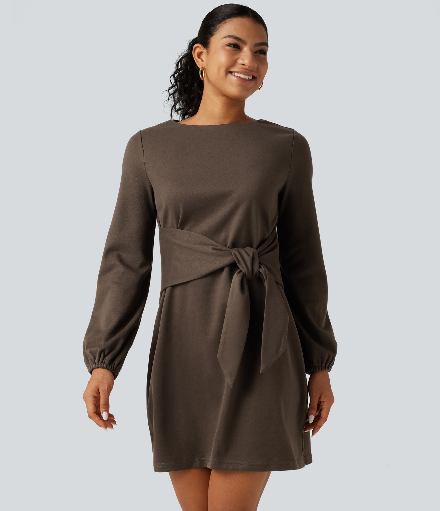 Round Neck Long Sleeve Tie Side Mini Work Dress Round Neck Long Sleeve Tie Side Mini Work Dress