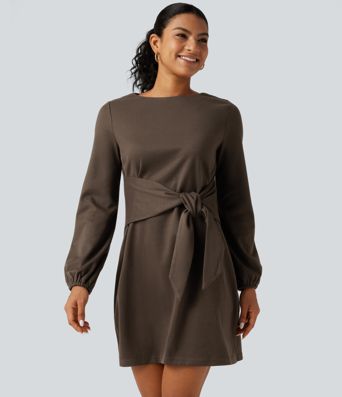 Round Neck Long Sleeve Tie Side Mini Work Dress Round Neck Long Sleeve Tie Side Mini Work Dress