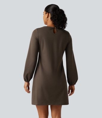 Round Neck Long Sleeve Tie Side Mini Work Dress Round Neck Long Sleeve Tie Side Mini Work Dress