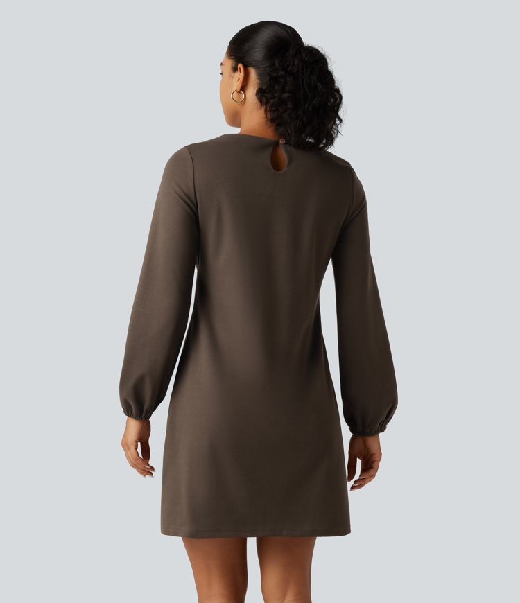 Round Neck Long Sleeve Tie Side Mini Work Dress Round Neck Long Sleeve Tie Side Mini Work Dress